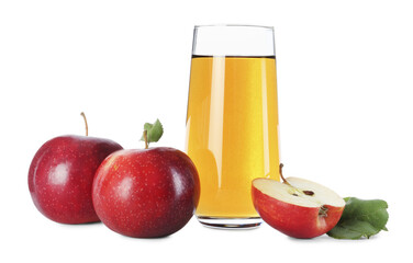 Tasty apple juice in glass and fresh fruits isolated on white
