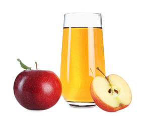 Tasty apple juice in glass and fresh fruits isolated on white
