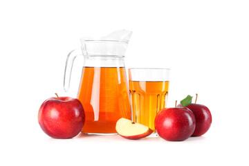 Tasty apple juice in glass, jug and fresh fruits isolated on white