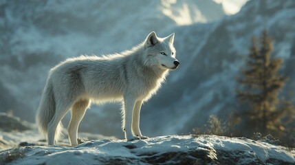 Obraz premium Majestic arctic wolf standing on snowy mountain peak at sunrise.