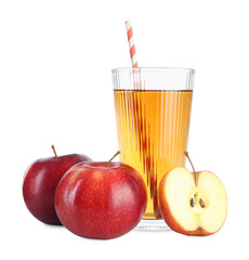 Tasty apple juice in glass and fresh fruits isolated on white
