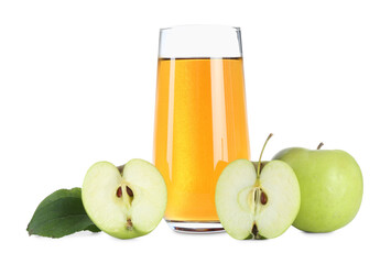 Tasty apple juice in glass and fresh fruits isolated on white