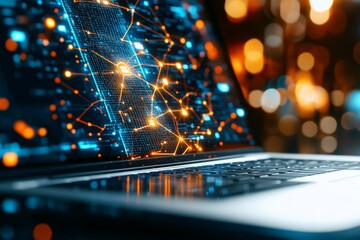 A laptop screen showing a digital network with glowing connections and nodes, representing technology, communication, and data flow in a modern context.