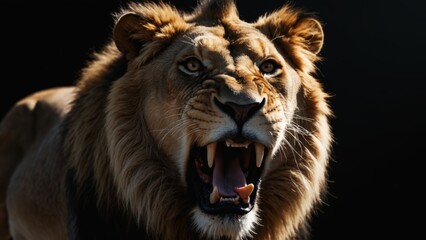 Fototapeta premium Majestic lion roars in the shadows of its natural habitat during the golden hour