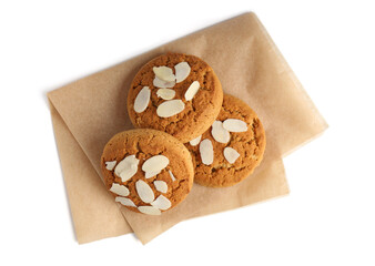 Tasty cookies with almond flakes isolated on white, top view