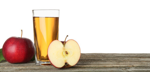 Tasty apple juice in glass and fresh fruits on wooden table against white background