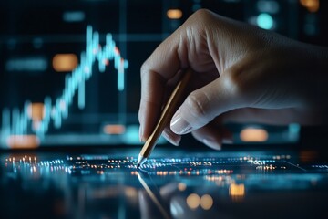 A close-up of a hand using a stylus to interact with digital charts on a screen, emphasizing financial analysis, technology integration, and precision in data manipulation.