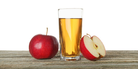 Tasty apple juice in glass and fresh fruits on wooden table against white background