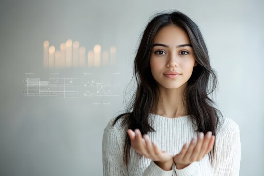 A calm woman presents digital graphs and data in the air, symbolizing balance between technology and human intuition within a minimalist and modern setting.