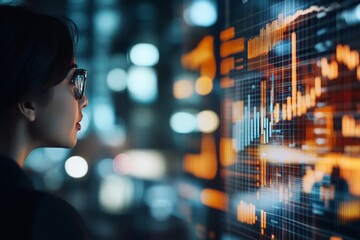 A businesswoman in an office setting looks intently at a digital screen displaying fluctuating data, representing analysis and decision-making in a corporate environment.