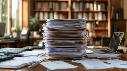 A Large Stack Of Papers Sits On A Desk In An Office
