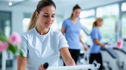 In a modern gym, a woman uses a resistance band for exercise, displaying focus and determination amidst a bright, spacious fitness environment.