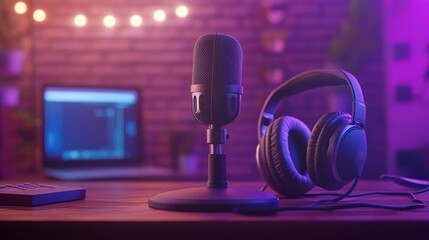 microphone and headphones pink light