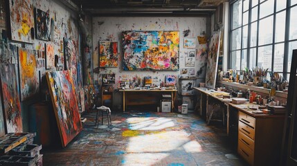 Obraz premium Messy artist's studio with colorful paintings, canvases, and art supplies.