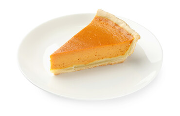 Piece of tasty homemade pumpkin pie isolated on white