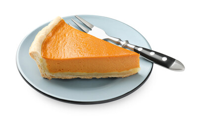 Piece of tasty homemade pumpkin pie and fork isolated on white