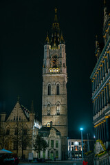 Obraz premium Belfry in Ghent, Flemish Region, Belgium. Night picture.