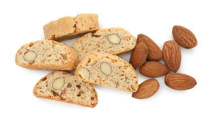 Traditional Italian almond biscuits (Cantucci) and nuts isolated on white, top view