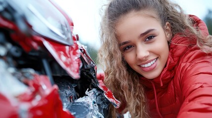 A woman poses next to the crumpled front of a red car, smiling warmly. Outdoors, she conveys positivity and resilience amidst apparent vehicular damage.
