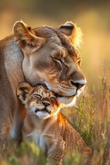 Fototapeta premium Close-up of a lioness tenderly grooming her cub with a soft focused gaze