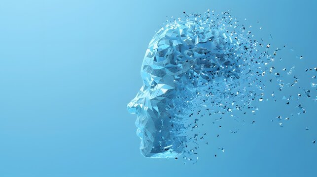 Abstract blue face made of polygons with particles flying off of it, against a blue background.