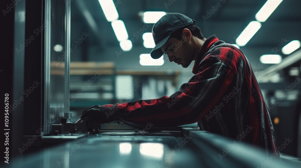 Poster a man in a red plaid shirt working on a machine in a factory