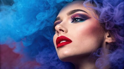 A striking closeup of a person with bold makeup their lips painted a vivid red. The deep blue and violet smoke swirls playfully around their face creating an alluring contrast that