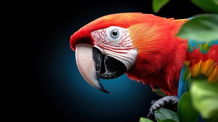 Fototapeta premium An eye-catching image of a bright parrot partially obscured by a leaf, set against a striking deep blue background, showcasing the mixture of nature and art.