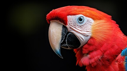 Fototapeta premium A vivid portrait of a striking parrot perched with attention against a dark blurred background, highlighting the bird's intricate and visually captivating plumage.
