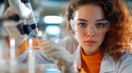 A young female scientist with curly hair is deeply engrossed in the analysis of liquid samples, demonstrating precision and focus in a contemporary laboratory environment.