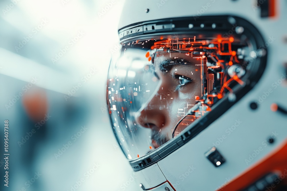 Poster a close-up view of a futuristic helmet with digital information projected across the visor, reflecti