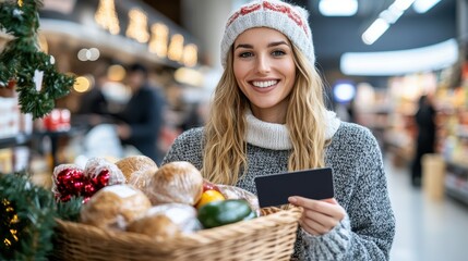 A young woman in a cozy sweater and hat holds a basket filled with groceries in a festive market. She smiles warmly, suggesting a joyful shopping experience.