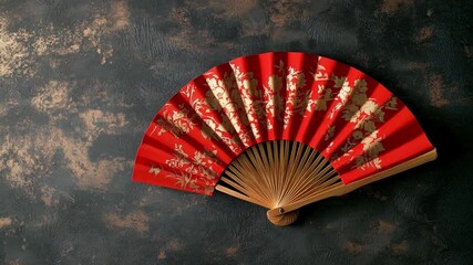 Elegant red decorative fan displayed against a rustic dark background highlighting intricate designs - Powered by Adobe
