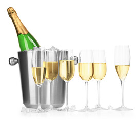 Champagne and bucket with ice isolated on white