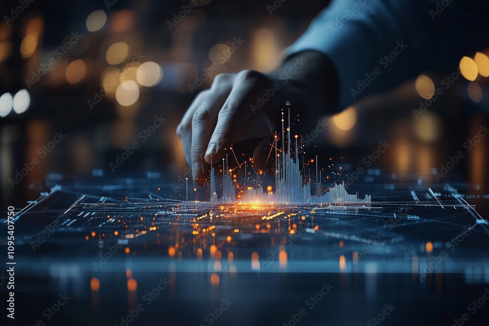 Poster A dynamic image of a hand manipulating virtual data points in a holographic digital visualization, representing innovation, technology, and data interaction.