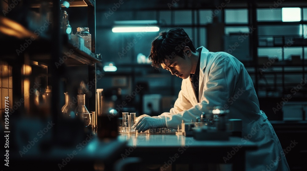 Poster A scientist in a lab coat examines glassware with a focused expression
