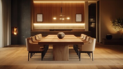 Modern minimalist dining room with wooden table and chairs.