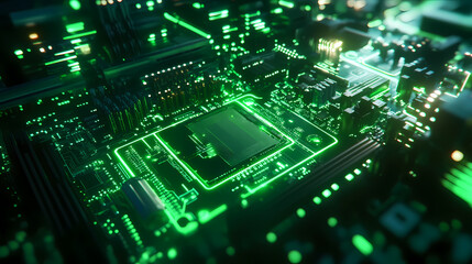 Fototapeta premium Bright neon green data streams in a motherboard circuit, creating a futuristic internet and network technology wallpaper. Futuristic Neon Circuit. Illustration