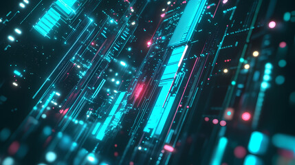 Obraz premium Abstract glowing circuit board with teal and blue lights. Futuristic Neon Circuit. Illustration