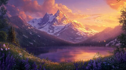 Fototapeta premium Majestic sunset over snow-capped mountains reflected in a serene lake, surrounded by wildflowers.