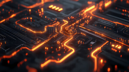 Obraz premium A futuristic, dark textured background with glowing orange lines, ideal for technology-themed designs. Futuristic Neon Circuit. Illustration