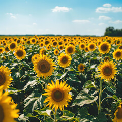 Obraz premium Endless Sunflower Fields Stretching Beneath a Brilliant Blue Sky