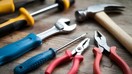 Fototapeta premium A hammer, wrench, screwdriver, and pliers on a wooden table