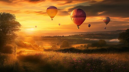 Obraz premium A beautiful sunset over a landscape with many colorful hot air balloons floating in the sky.