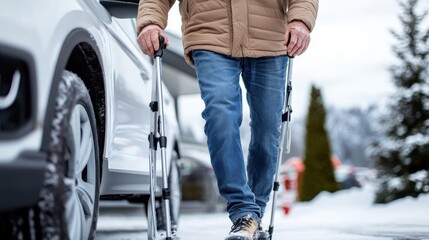 Walking with crutches on a wintry day, a person navigates beside a snowy white car, surrounded by snow, symbolizing endurance and the winter season's harshness.