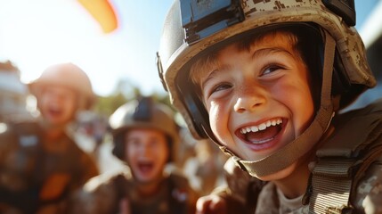A young boy dressed in military attire and a helmet smiles broadly with hazy figures in the background, capturing the essence of bravery and youthful spirit.