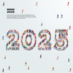 2025 twenty twenty five. Happy new year greeting. Large group of people form to create year 2025. People font or number. vector illustration.