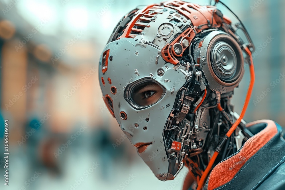 Poster a close-up of a humanoid robot with intricate cybernetic features displaying the blend of technology