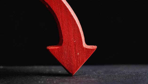 Red wooden arrow pointing down on black background. Business, market decline or economic.