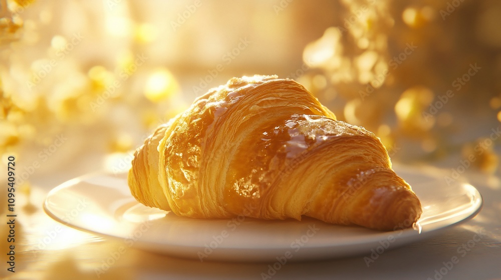 Wall mural Golden croissant on plate, sunlit.